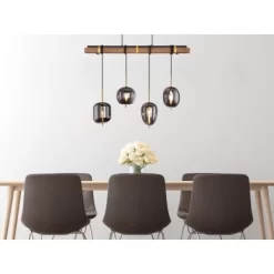 Globo Pendelleuchte Blacky 4-flammig Schwarz Holz Rauchfarben 100x18,5x140 Cm